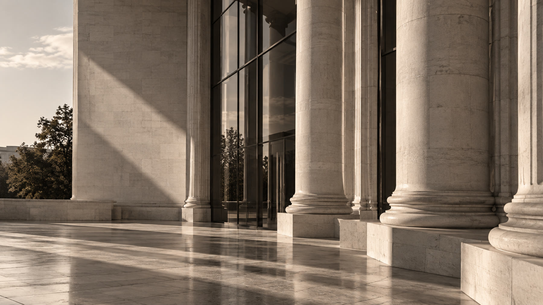 Editorial architectural photograph with classical columns and modern glass