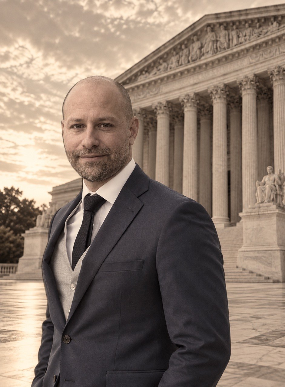 Portrait of attorney Julio Caesar Wolf with the United States Supreme Court in the background